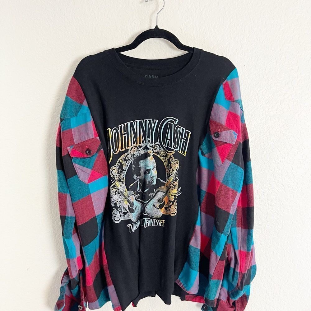 Johnny Cash and other bands upcycled on Flannel shirts various sizes